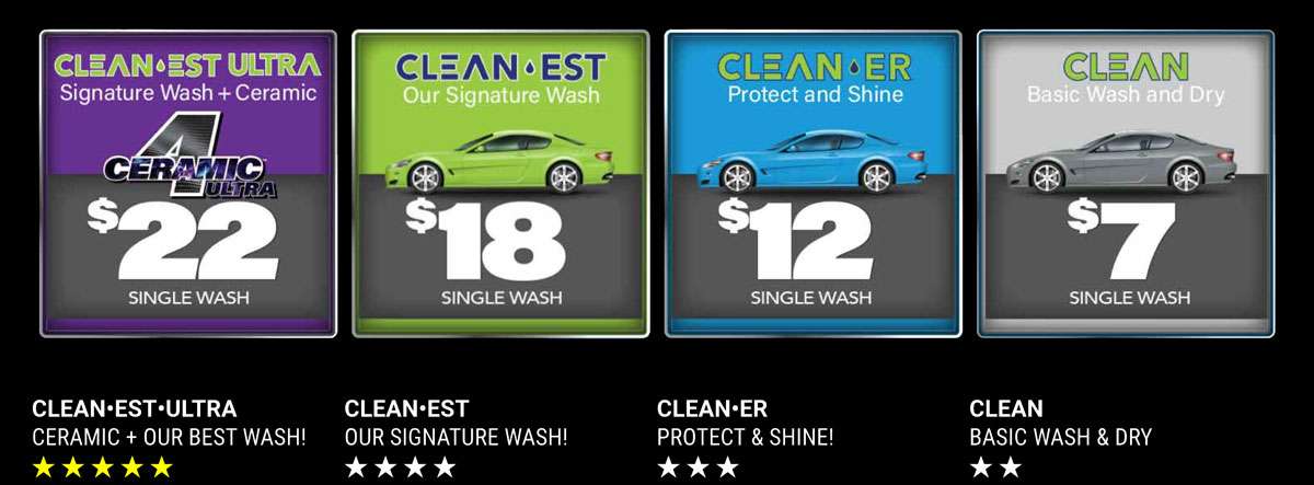 ALL SINGLE WASH PACKAGES. CLEANEST-ULTRA $22. CLEAN-EST $18. CLEAN-ER $12. CLEAN $7.